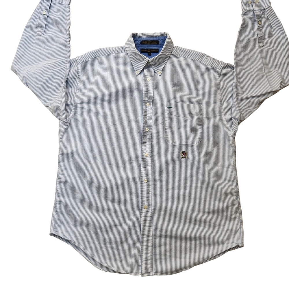 Tommy Hilfiger Men's Blue White Striped Button Down Shirt‎ L Vintage  Y2K